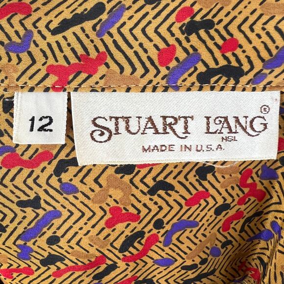 Vintage STUART LANG Tan Print Long Sleeve Button-Down Pleated Collared Shirt 12 - Picture 6 of 7